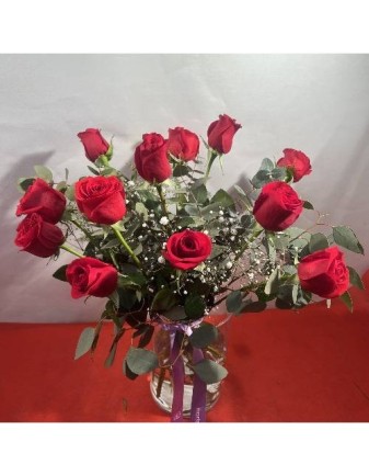 RAMO 12 ROSAS ROJAS 70cm CON VIDRIO