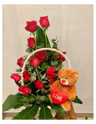 Amor con Rosas-Canastilla con oso Te Quiero